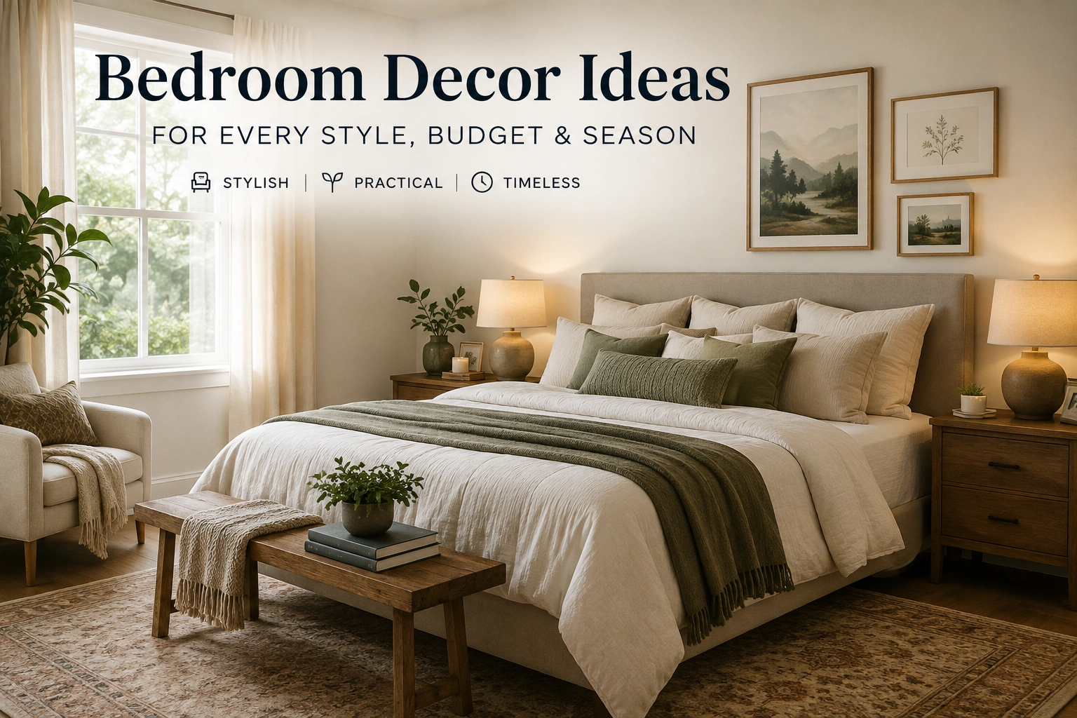 Cozy bedroom decorated with layered bedding, warm lighting, and natural textures