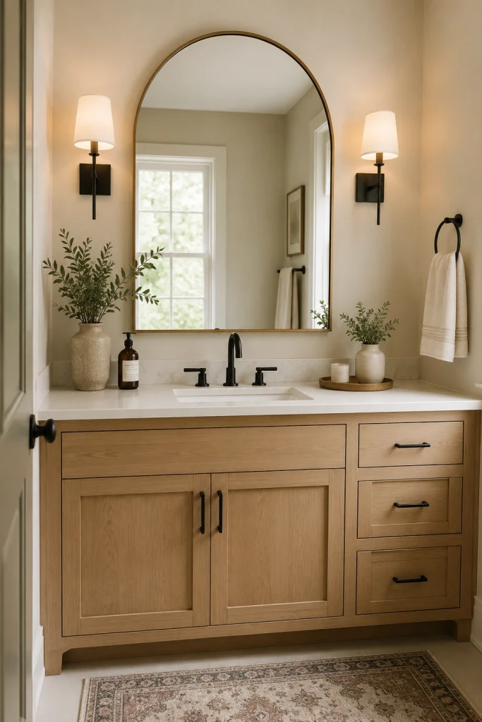 Replacing a plain builder-grade mirror with a framed, rounded, arched, or otherwise distinctive design can immediately give the room more character.