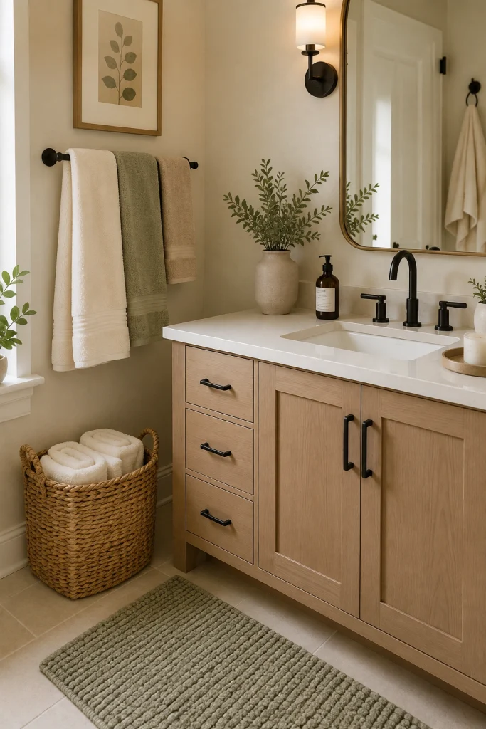 Bathroom with fresh neutral towels and simple decor