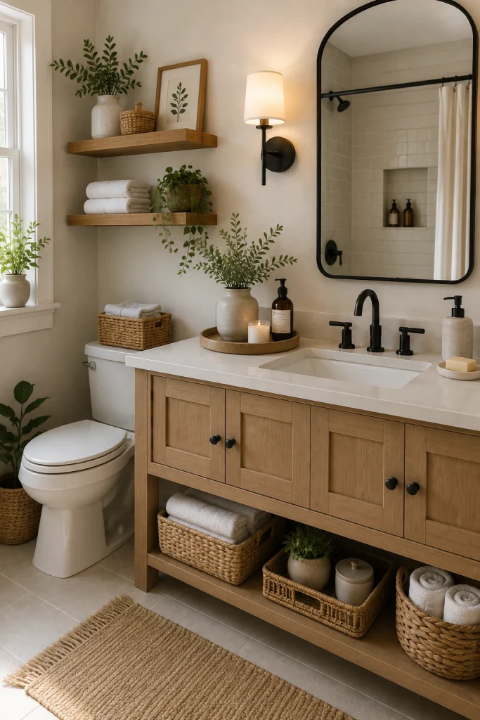 Bathroom with woven baskets, wood and natural textures