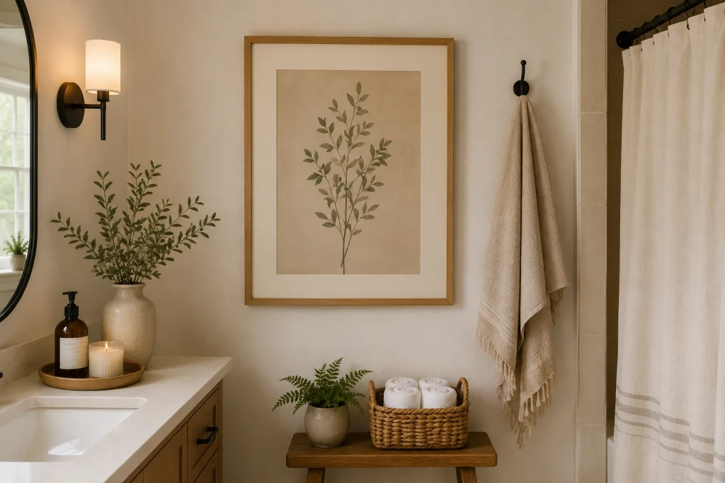 Small bathroom with open floor space and smart storage