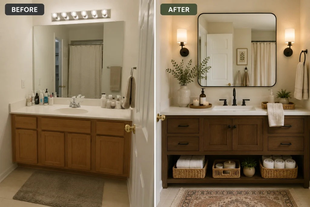 Refreshed bathroom with new mirror lighting and storage