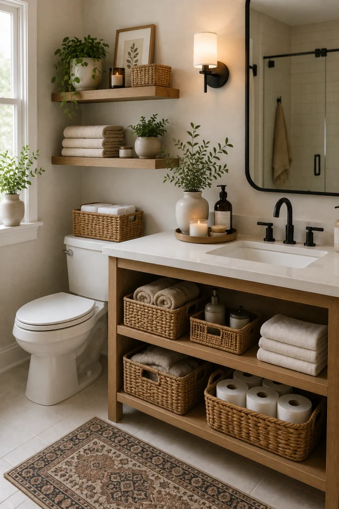 Organized bathroom with baskets, shelves and clean countertop