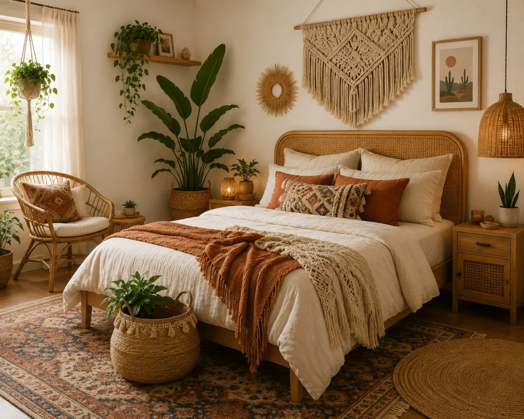 Boho bedroom with layered textiles and natural decor