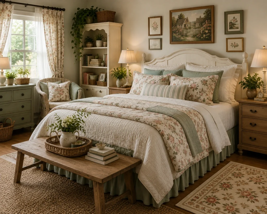 Cottage bedroom with floral bedding, wood furniture, and woven accents