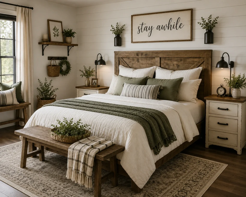 Farmhouse bedroom with wood furniture and cozy bedding