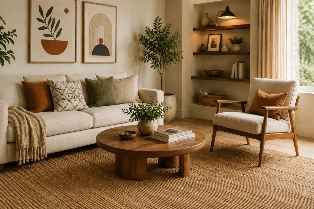 Warm neutral living room with a cream sofa, layered cushions, wooden coffee table, natural textures, greenery, abstract wall art, and cozy built-in shelving.