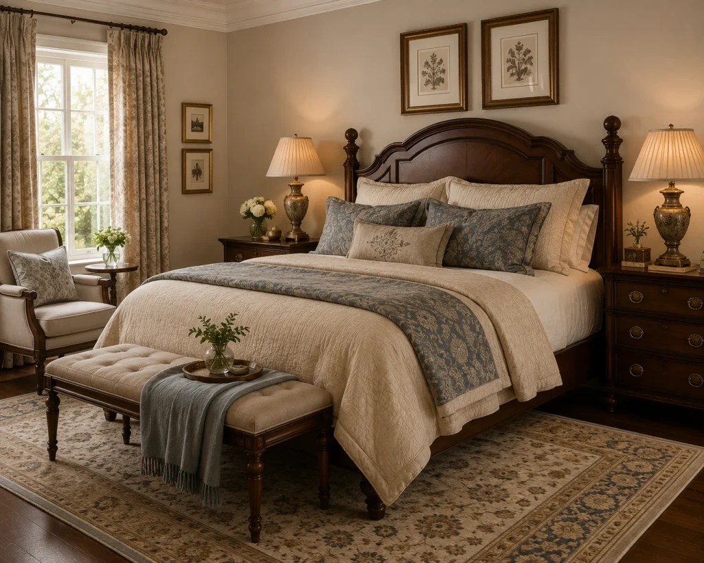 Traditional bedroom with classic wood furniture and layered bedding