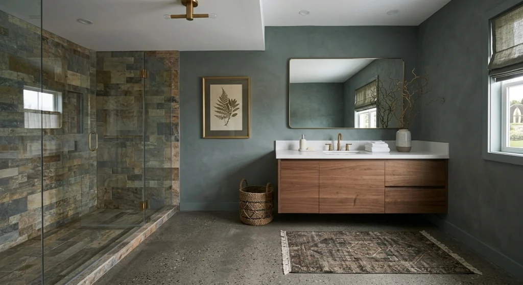 Bathroom with framed botanical wall art