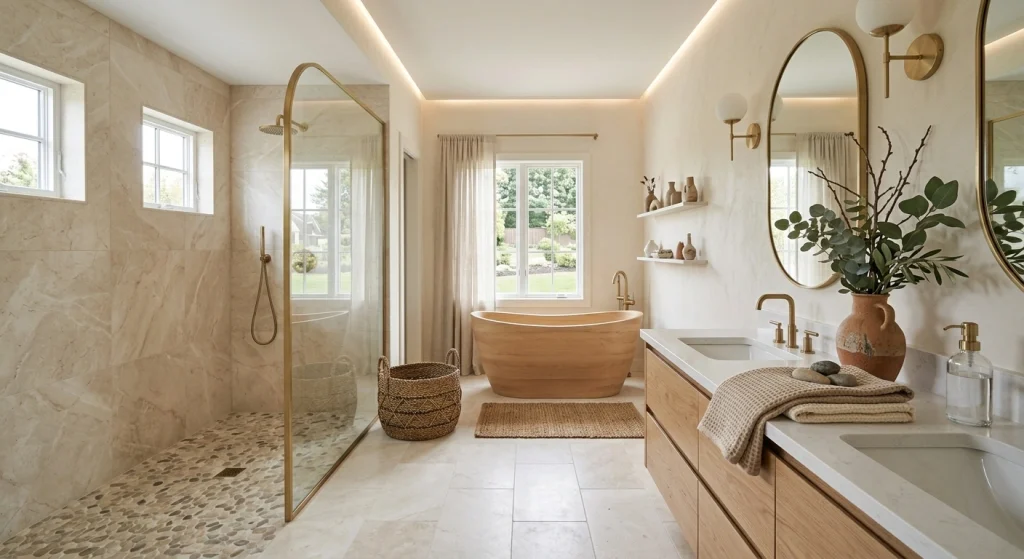 Warm neutral bathroom with layered color and texture