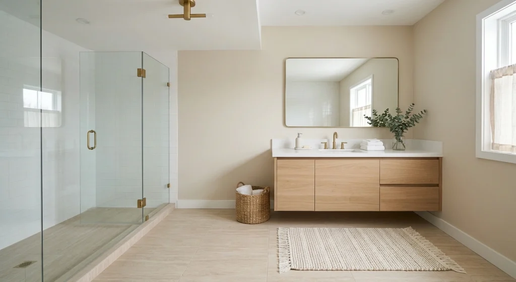 Neutral bath mat beside a modern bathroom vanity