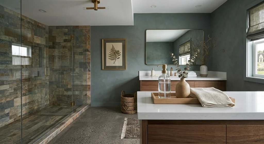Bathroom counter styled with a wooden tray and accessories