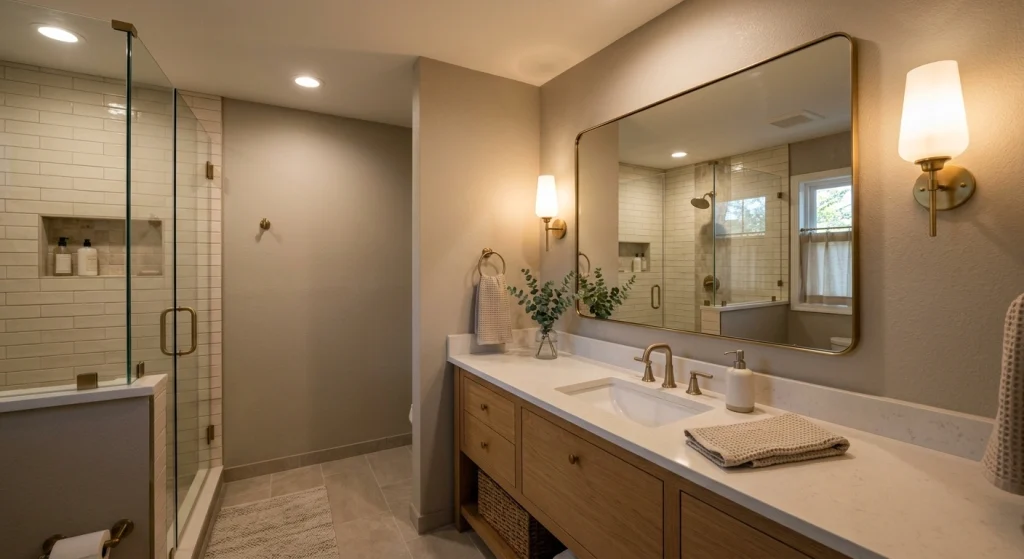 Bathroom with layered vanity and ceiling lighting