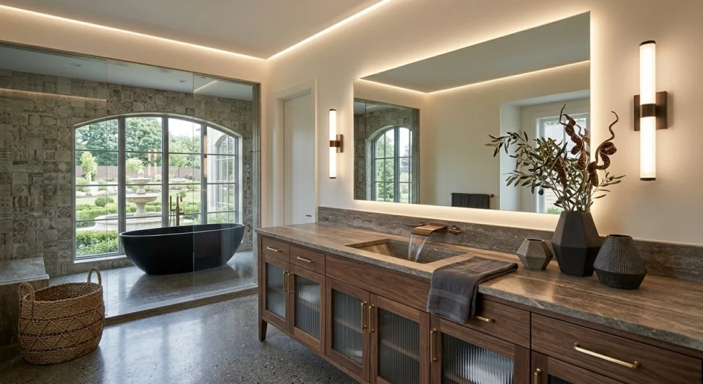 Bathroom mirror with balanced vanity lighting