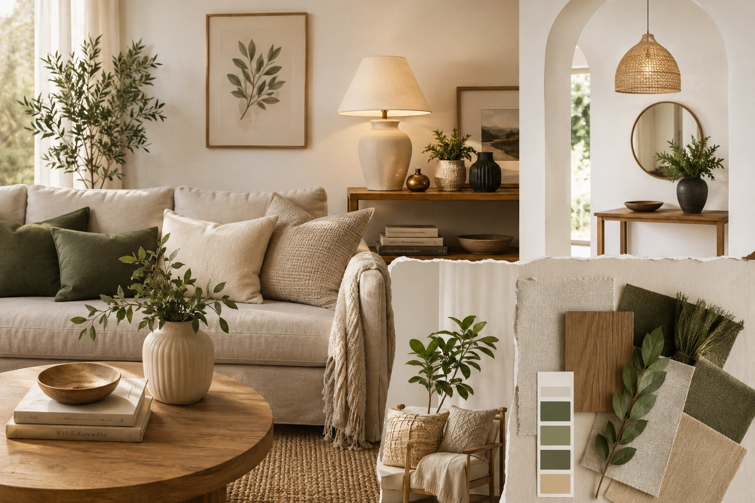 Warm neutral home decor ideas with natural textures, greenery, wood accents, and cozy living room styling