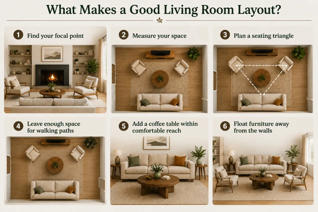 Living room layout guide showing six steps for arranging furniture, including choosing a focal point, measuring the space, creating a seating triangle, leaving walking space, positioning the coffee table, and floating furniture away from walls.