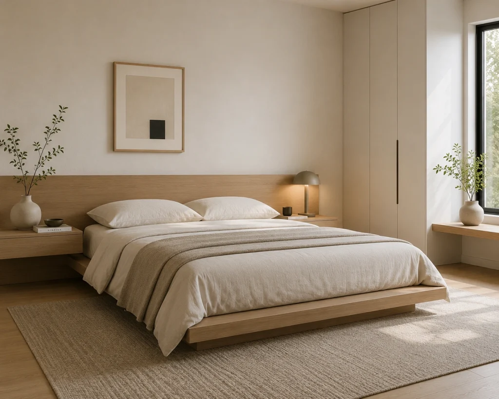 Minimalist bedroom with simple furniture and neutral tones