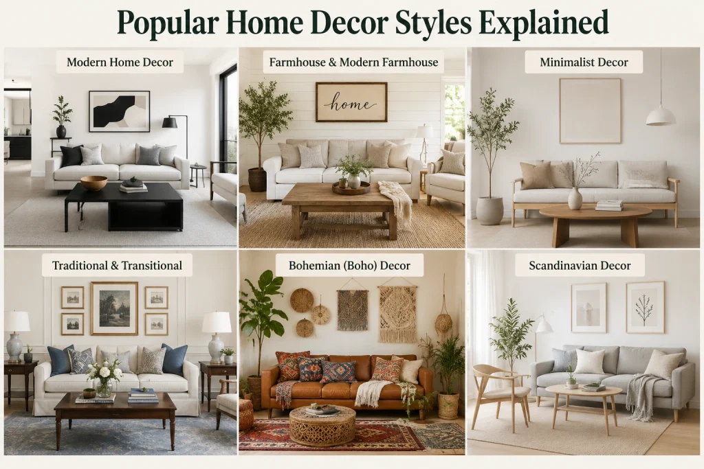 Popular home decor styles including modern, farmhouse, minimalist, traditional, bohemian, and Scandinavian interiors