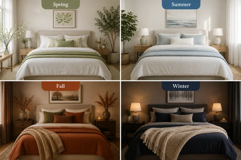 You do not need four different bedrooms to make the space feel seasonal.
