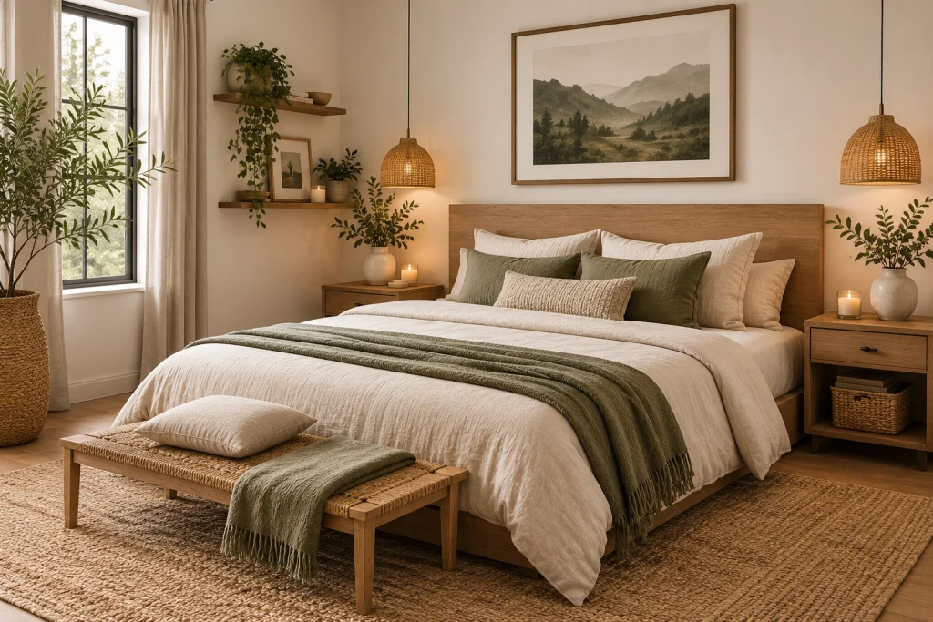 Japandi Scandinavian bedroom with light wood and warm neutral tones