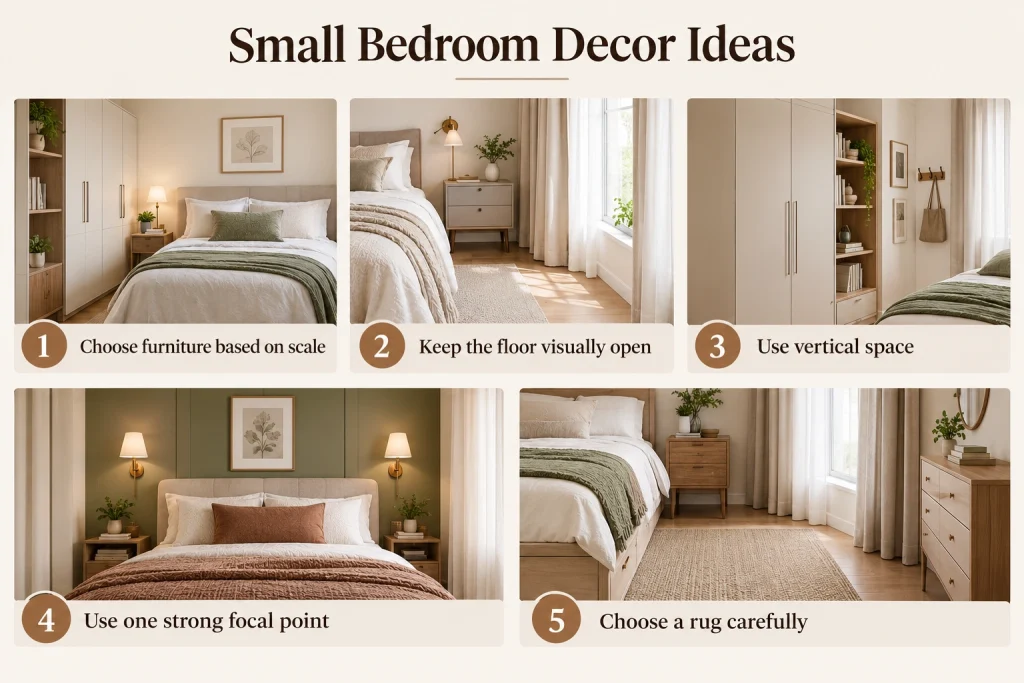 A small bedroom does not need to look empty to feel spacious. The goal is to control visual clutter and use the available space efficiently.