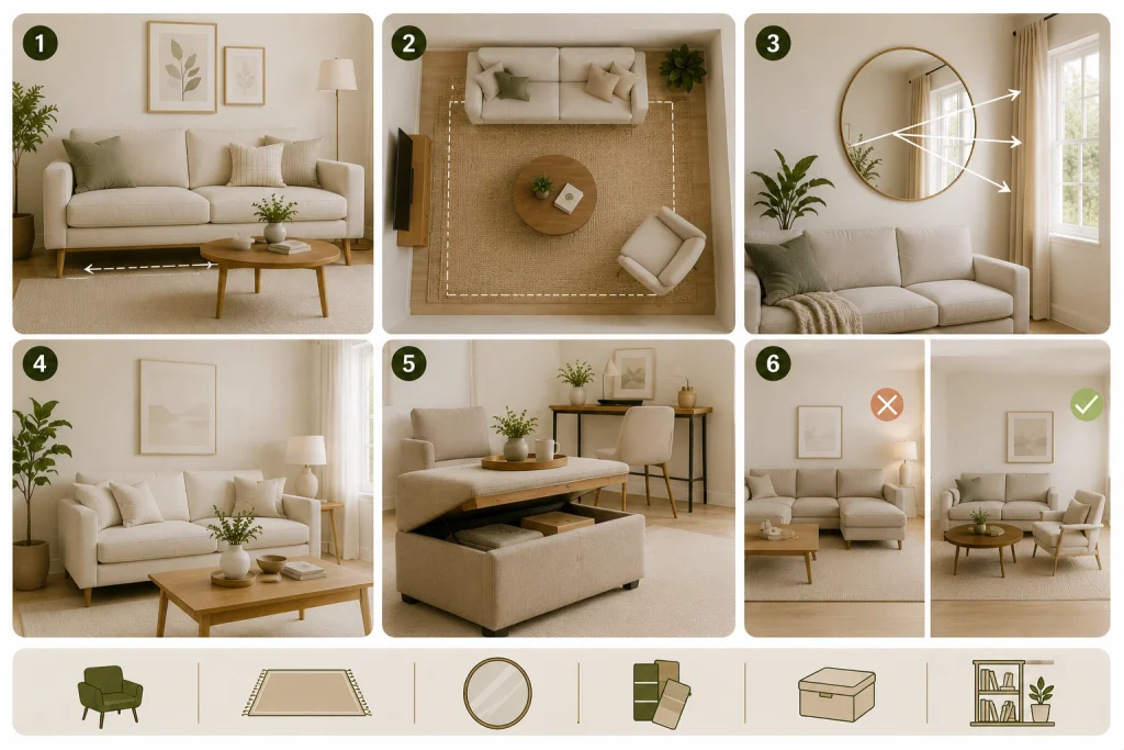 Small living room ideas with space-saving furniture, a large rug, mirrors, light colors, and multifunctional storage.