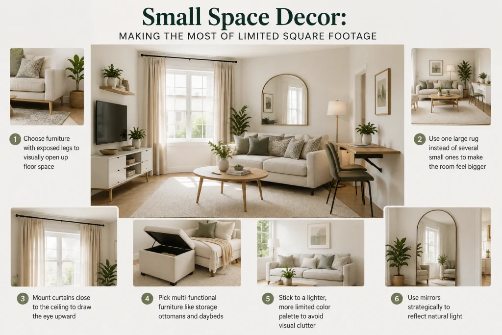 Small space decor ideas using multifunctional furniture, large rugs, high-mounted curtains, light colors, exposed legs, and mirrors