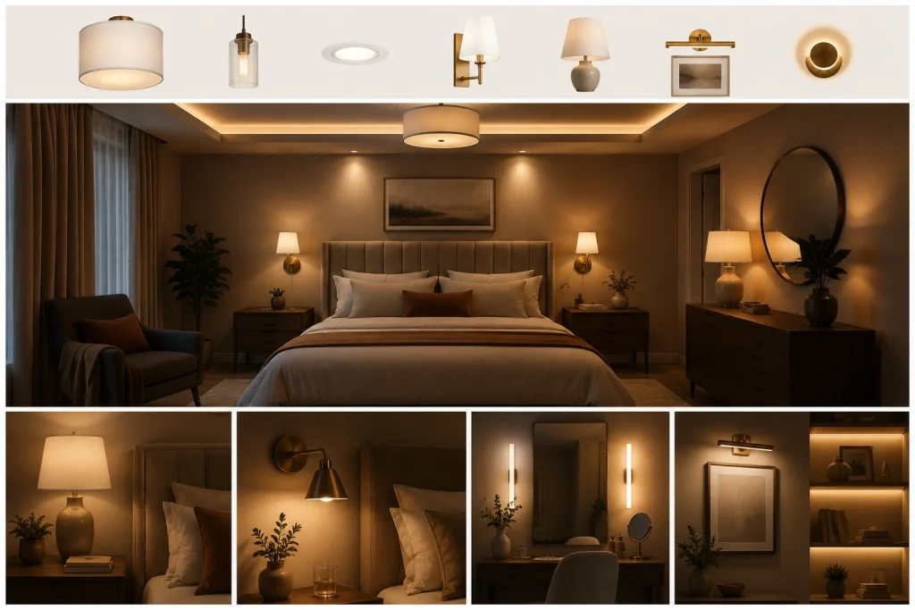 A single bright ceiling light often creates a flat, harsh atmosphere. A better setup uses several layers.
