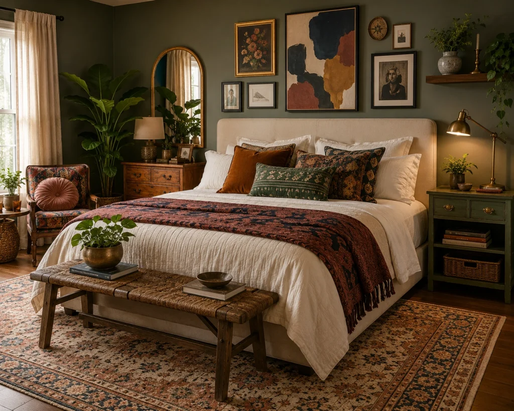 Eclectic bedroom with mixed patterns, vintage furniture, and artwork