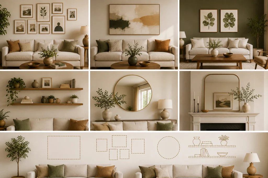 Living room wall decor ideas with gallery art, mirrors, floating shelves, and mantel styling.