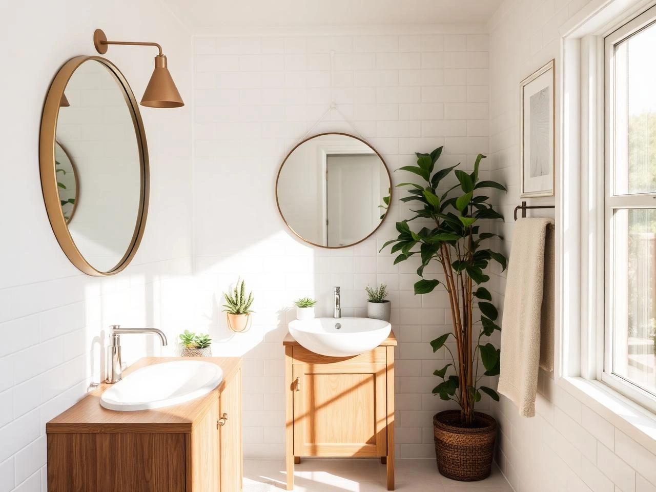 Modern bathroom with stylish decor, lighting, and storage