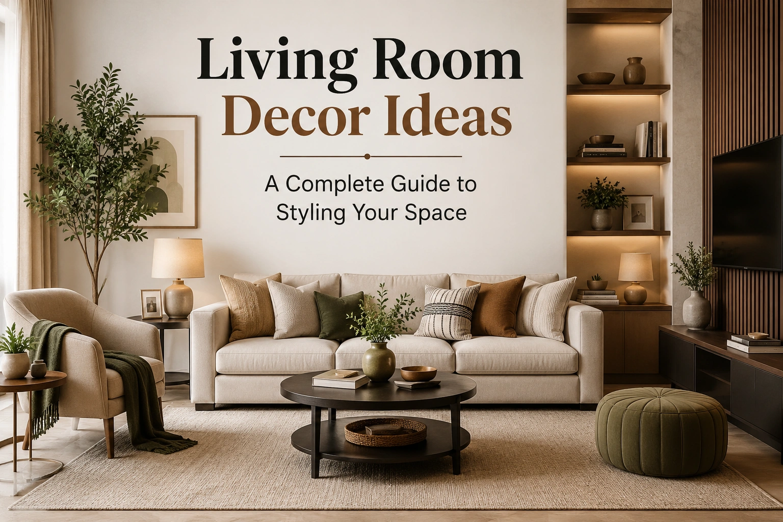 Living room decor ideas featuring a cozy neutral sofa, layered pillows, warm lighting, wood accents, plants, and stylish accessories.