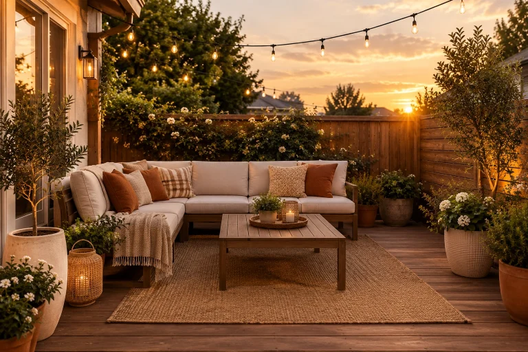 Cozy patio decorated with outdoor sofa, string lights, and planters at golden hour