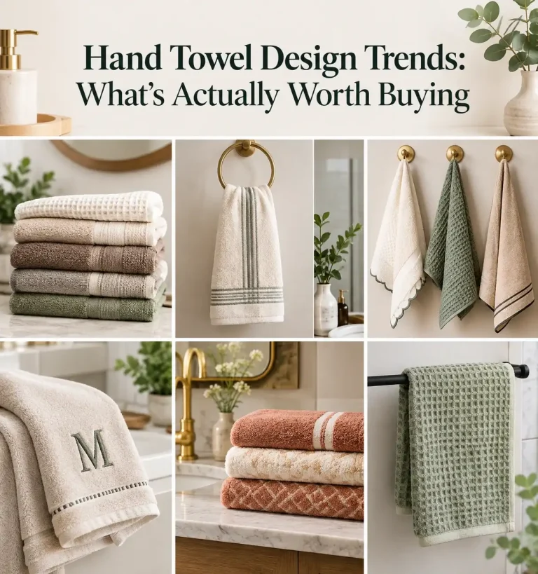 Modern hand towel design trends in a warm neutral bathroom