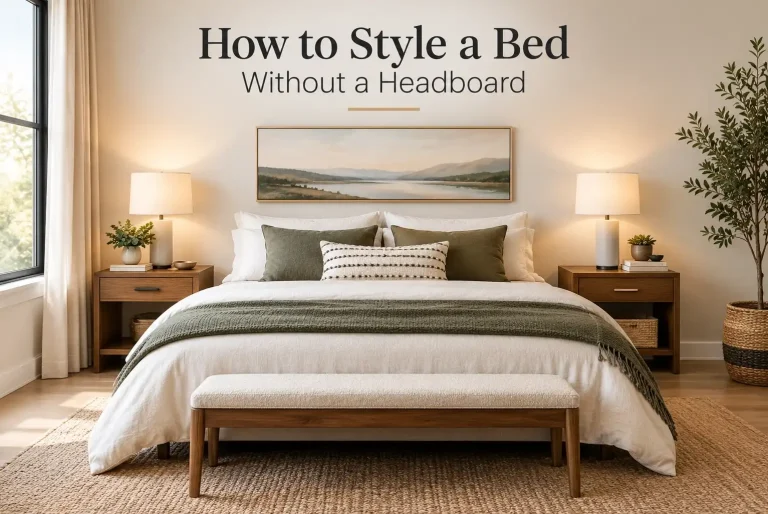 Modern bedroom with a bed styled without a headboard