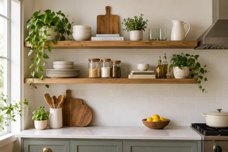 Open kitchen shelving styled with everyday dishware, decor, and natural wood accents