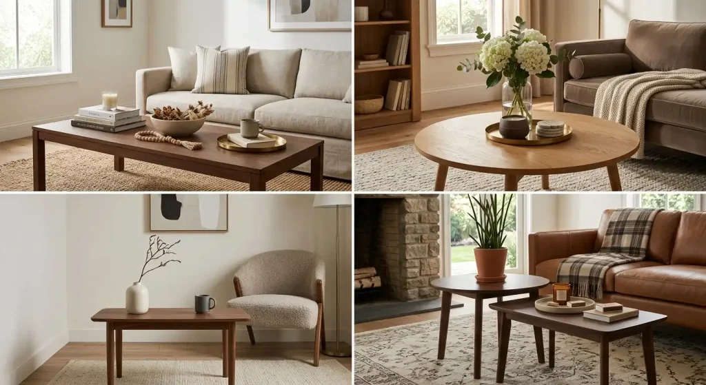 Coffee table styling examples for rectangular, round, small, and nesting tables