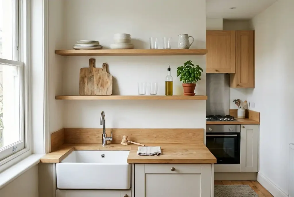 Lightly styled open shelves in a small kitchen