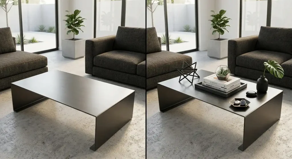 Before and after coffee table styling showing a clear surface transformed into a layered arrangement