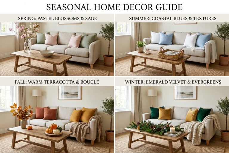 Neutral living room base styled with different seasonal pillow and throw layers