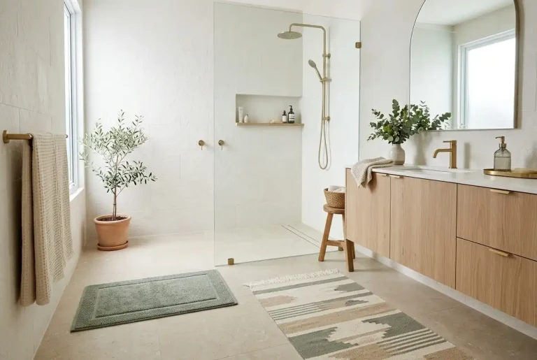 Modern bathroom with coordinated bath mat and rug near shower and vanity