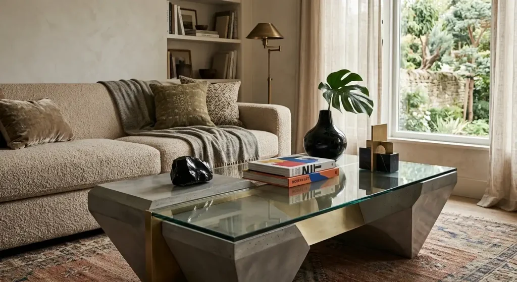 Coffee table styled with a tray, books, plant, and sculptural accent