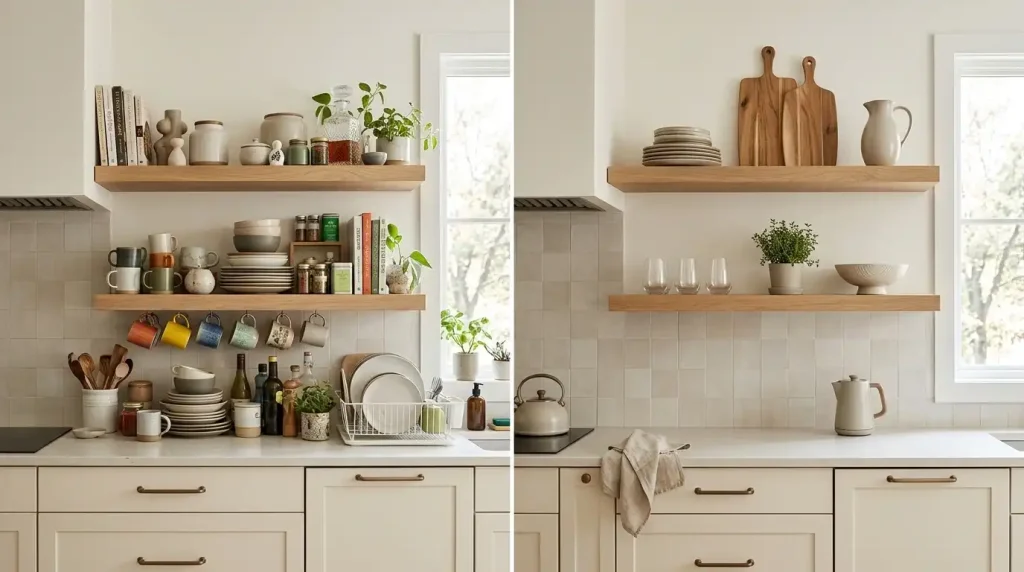 Before and after of overfilled and edited open kitchen shelves