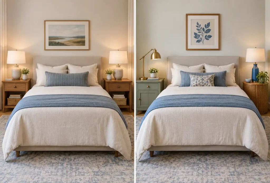 Matching and mismatched bedroom nightstands styled for a balanced look
