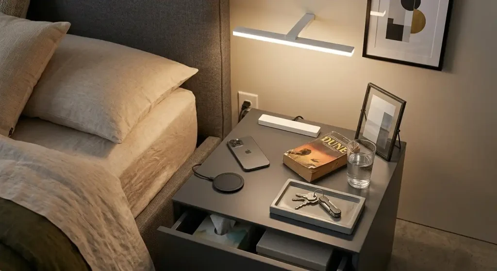 Functional nightstand with lamp book water glass phone and tray