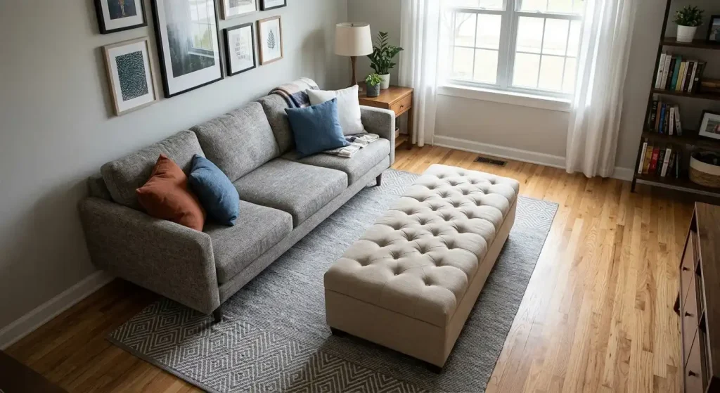 Properly sized ottoman with walking clearance in front of a sofa