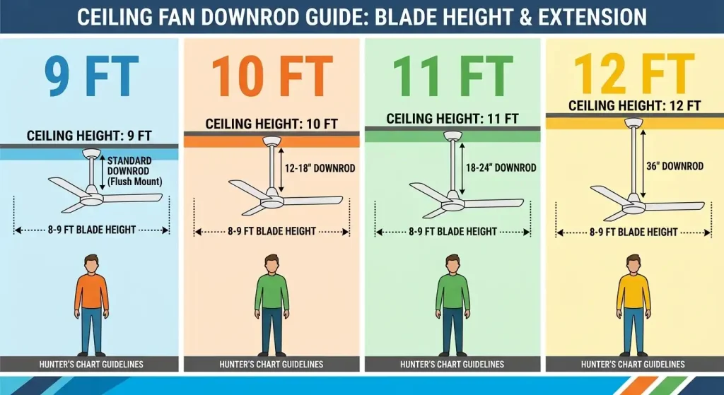 Ceiling fan downrod length chart for 9, 10, 11, and 12 foot ceilings
