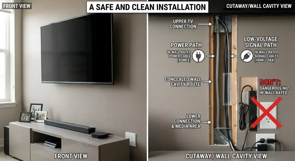 In-wall cable routing for a wall-mounted TV with no visible wires