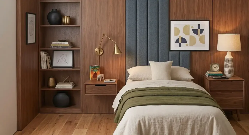 Small bedroom with compact nightstand and space-saving bedside lamp