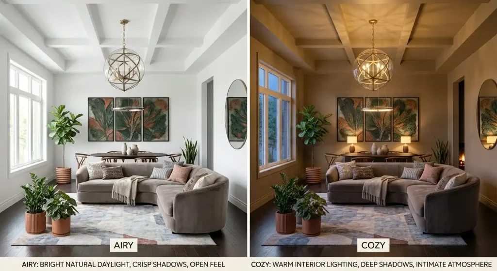 Same high-ceiling living room painted light for an airy feel and deeper warm tones for a cozy feel